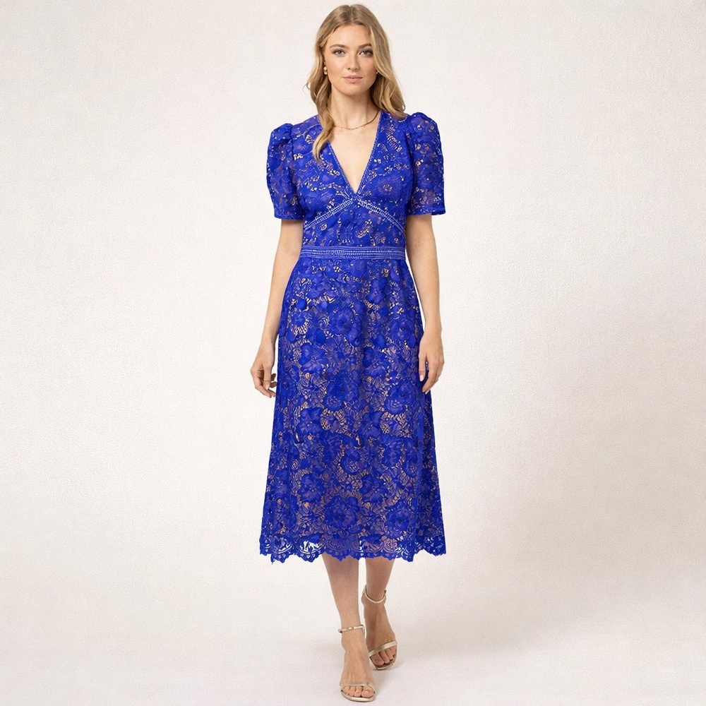 NWT Anthropologie Adelyn Rae Eyelet Embroidered V-Neck Lace Red MIDI Dress